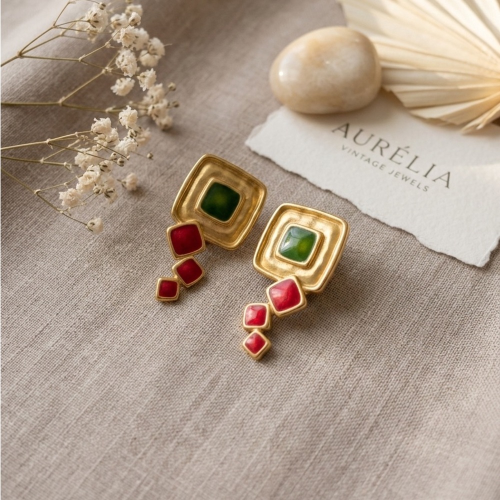 Vintage 80s Geometric Gold Enamel Dangle Earrings - Red & Green